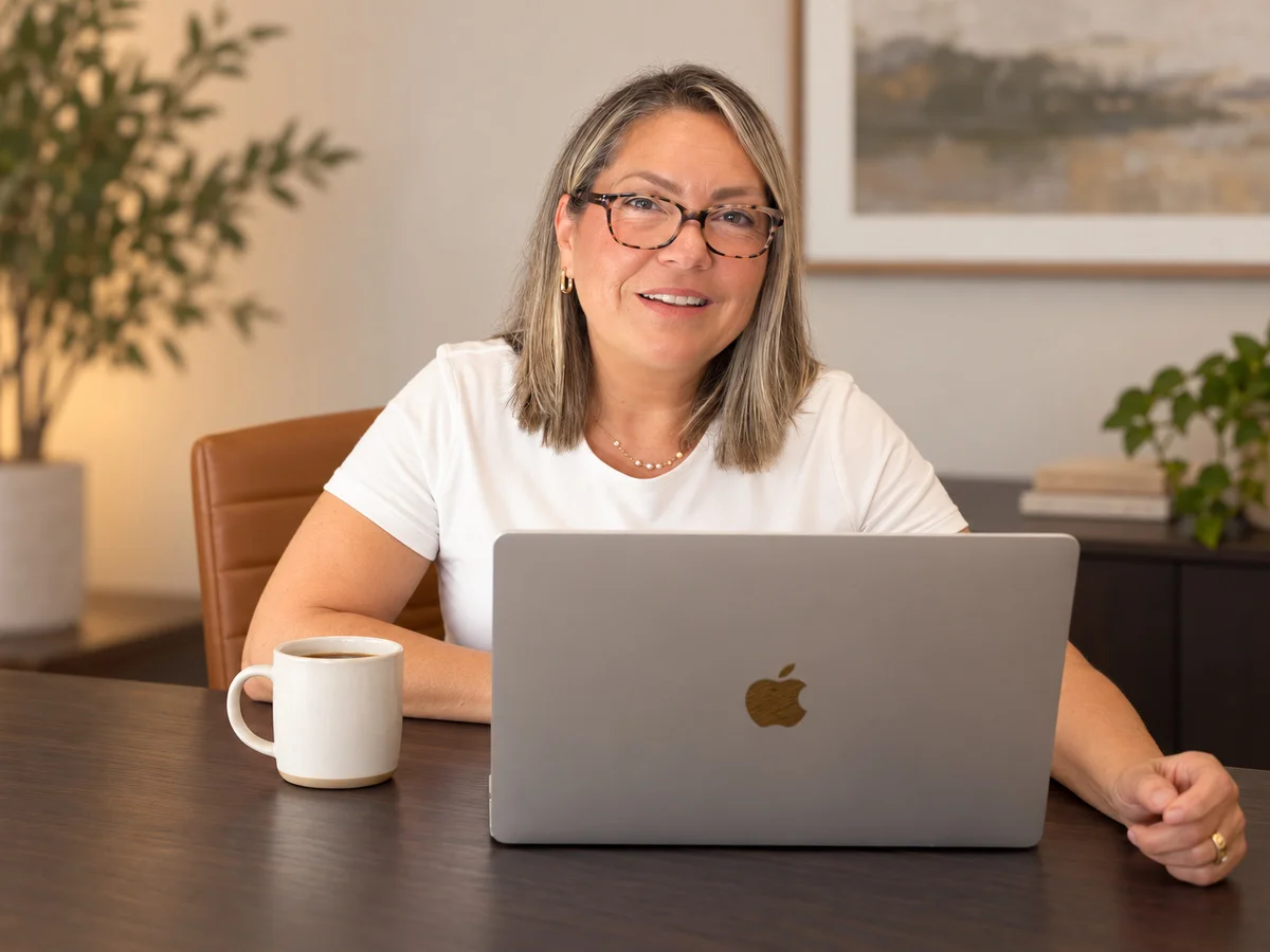 Amy Brainard smiling while seated at a desk with a laptop and coffee mug in a warm, modern office.